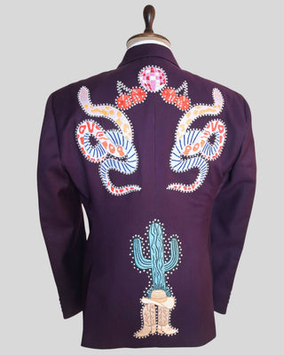 Men Wine Customized 2 Piece Suit Snake Cactus Wild Theme Embroidered Rhinestone Western Suit
