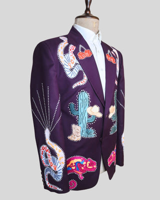 Men Wine Customized 2 Piece Suit Snake Cactus Wild Theme Embroidered Rhinestone Western Suit