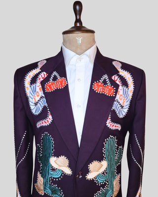 Men Wine Customized 2 Piece Suit Snake Cactus Wild Theme Embroidered Rhinestone Western Suit