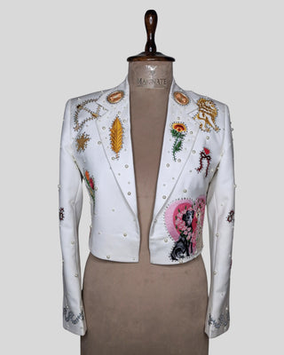 Women Customized Ivory Country Western 2 Piece Suit Embroidered Pearl Rhinestone Wedding Suit Western Bridal Outfit