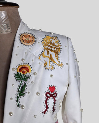 Women Customized Ivory Country Western 2 Piece Suit Embroidered Pearl Rhinestone Wedding Suit Western Bridal Outfit