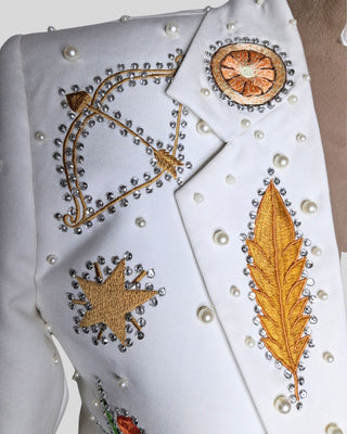 Women Customized Ivory Country Western 2 Piece Suit Embroidered Pearl Rhinestone Wedding Suit Western Bridal Outfit