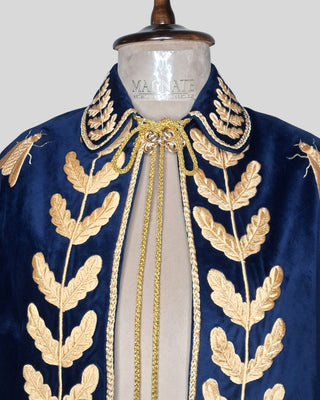Women’s Royal Blue Velvet Embroidered Historical Cape Set with Matching Waistcoat Carnival Theme Party Outfit
