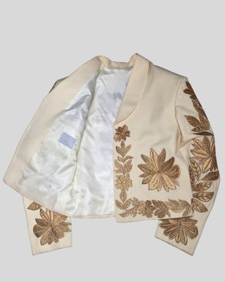 Men’s Ivory Mariachi 2-Piece Suit with Gold Floral Embroidery – Traditional Charro Style Formal Outfit