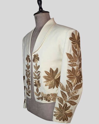 Men’s Ivory Mariachi 2-Piece Suit with Gold Floral Embroidery – Traditional Charro Style Formal Outfit