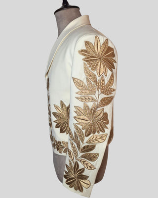 Men’s Ivory Mariachi 2-Piece Suit with Gold Floral Embroidery – Traditional Charro Style Formal Outfit
