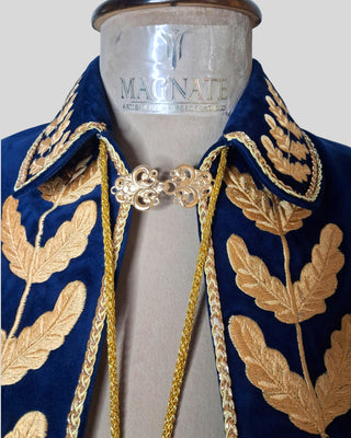 Women’s Royal Blue Velvet Embroidered Historical Cape Set with Matching Waistcoat Carnival Theme Party Outfit