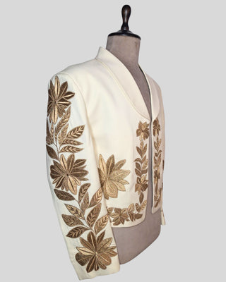 Men’s Ivory Mariachi 2-Piece Suit with Gold Floral Embroidery – Traditional Charro Style Formal Outfit