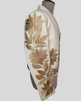 Men’s Ivory Mariachi 2-Piece Suit with Gold Floral Embroidery – Traditional Charro Style Formal Outfit