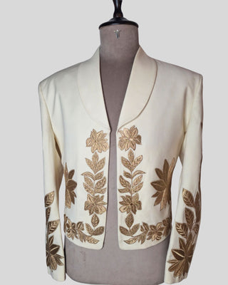 Men’s Ivory Mariachi 2-Piece Suit with Gold Floral Embroidery – Traditional Charro Style Formal Outfit