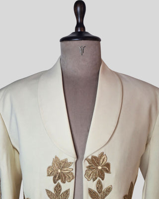 Men’s Ivory Mariachi 2-Piece Suit with Gold Floral Embroidery – Traditional Charro Style Formal Outfit