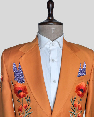 Men’s Country Western Embroidered 2-Piece Suit Rust Orange Groom Outfit Floral Embroidered Wedding & Party Wear