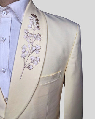Men’s Ivory Embroidered Wedding Suit with Shawl Lapel & Matching Trouser – Elegant Formal Groom Outfit