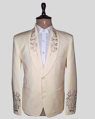 Men’s Ivory Embroidered Wedding Suit with Shawl Lapel & Matching Trouser – Elegant Formal Groom Outfit