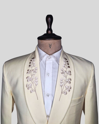 Men’s Ivory Embroidered Wedding Suit with Shawl Lapel & Matching Trouser – Elegant Formal Groom Outfit