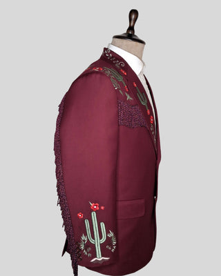 Men Maroon 2-Piece Country Western Embroidered Suit Fringed Cowboy Wedding Groom Outfit
