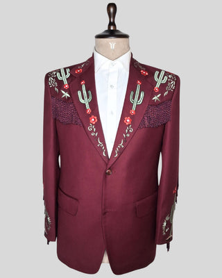 Men Maroon 2-Piece Country Western Embroidered Suit Fringed Cowboy Wedding Groom Outfit
