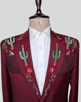 Men Maroon 2-Piece Country Western Embroidered Suit Fringed Cowboy Wedding Groom Outfit