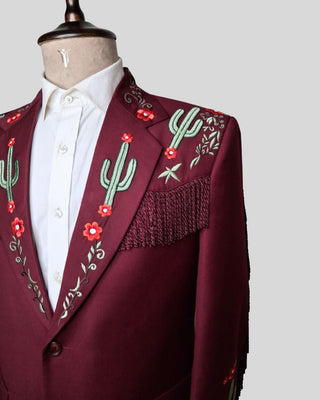 Men Maroon 2-Piece Country Western Embroidered Suit Fringed Cowboy Wedding Groom Outfit