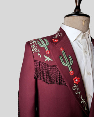 Men Maroon 2-Piece Country Western Embroidered Suit Fringed Cowboy Wedding Groom Outfit