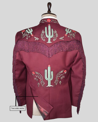 Men Maroon 2-Piece Country Western Embroidered Suit Fringed Cowboy Wedding Groom Outfit