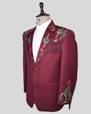 Men Maroon 2-Piece Country Western Embroidered Suit Fringed Cowboy Wedding Groom Outfit