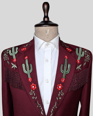 Men Maroon 2-Piece Country Western Embroidered Suit Fringed Cowboy Wedding Groom Outfit