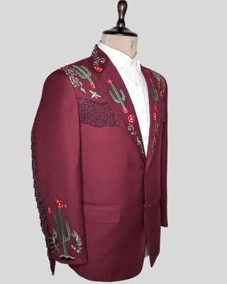 Men Maroon 2-Piece Country Western Embroidered Suit Fringed Cowboy Wedding Groom Outfit