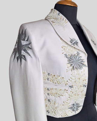 Women’s Ivory Embroidered Mariachi Crop Jacket – Pearl & Rhinestone Western Blazer for Wedding & Performance