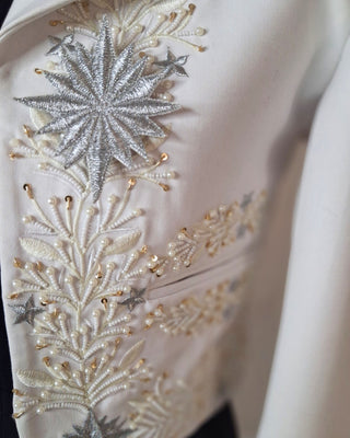 Women’s Ivory Embroidered Mariachi Crop Jacket – Pearl & Rhinestone Western Blazer for Wedding & Performance