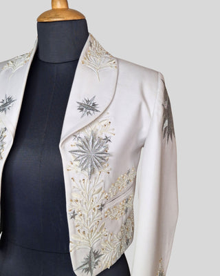 Women’s Ivory Embroidered Mariachi Crop Jacket – Pearl & Rhinestone Western Blazer for Wedding & Performance