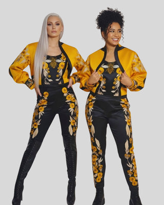 Women’s Western Floral & Bee Embroidered 2-Piece Suit – Luxury Satin Jacket and Trouser Set