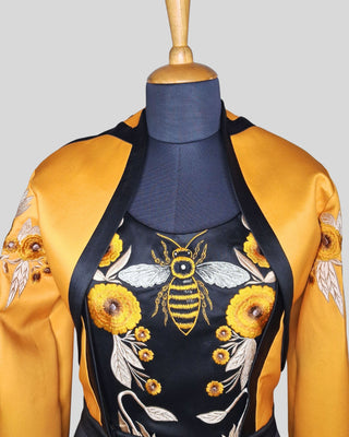 Women’s Western Floral & Bee Embroidered 2-Piece Suit – Luxury Satin Jacket and Trouser Set