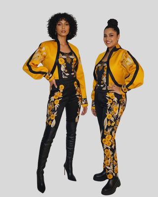 Women’s Western Floral & Bee Embroidered 2-Piece Suit – Luxury Satin Jacket and Trouser Set