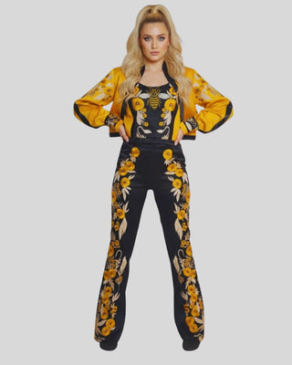 Women’s Western Floral & Bee Embroidered 2-Piece Suit – Luxury Satin Jacket and Trouser Set