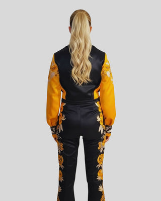 Women’s Western Floral & Bee Embroidered 2-Piece Suit – Luxury Satin Jacket and Trouser Set