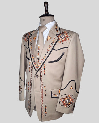 Men’s Beige Embroidered Country Western 2-Piece Suit Cowboy Style Wedding & Party Outfit