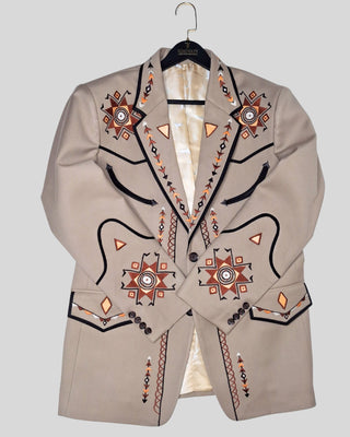 Men’s Beige Embroidered Country Western 2-Piece Suit Cowboy Style Wedding & Party Outfit