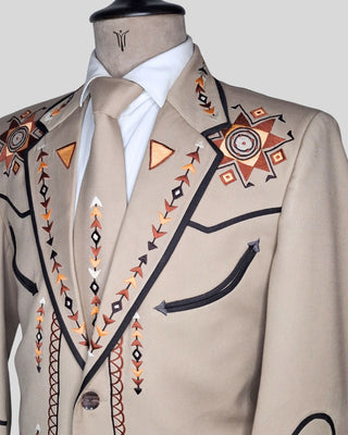 Men’s Beige Embroidered Country Western 2-Piece Suit Cowboy Style Wedding & Party Outfit