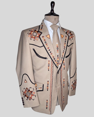 Men’s Beige Embroidered Country Western 2-Piece Suit Cowboy Style Wedding & Party Outfit
