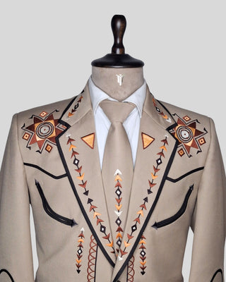 Men’s Beige Embroidered Country Western 2-Piece Suit Cowboy Style Wedding & Party Outfit