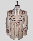 Men’s Beige Embroidered Country Western 2-Piece Suit Cowboy Style Wedding & Party Outfit