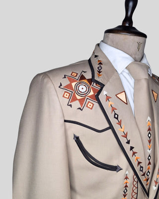 Men’s Beige Embroidered Country Western 2-Piece Suit Cowboy Style Wedding & Party Outfit