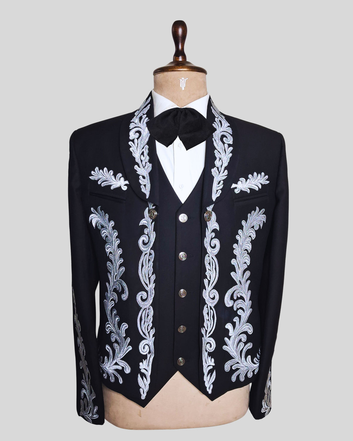 Men Black Mariachi 3 Piece Silver Embroidered Mexican Groom Charro Suits