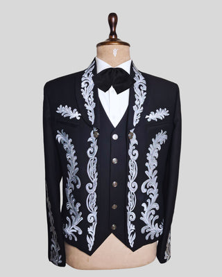 Men Black Mariachi 3 Piece Silver Embroidered Mexican Groom Charro Suits