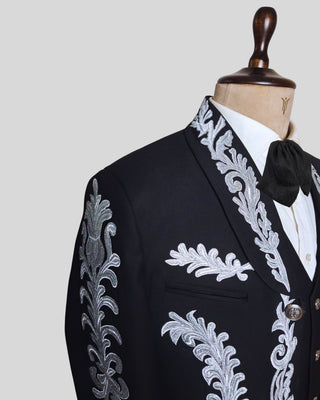 Men Black Mariachi 3 Piece Silver Embroidered Mexican Groom Charro Suits