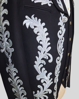 Men Black Mariachi 3 Piece Silver Embroidered Mexican Groom Charro Suits