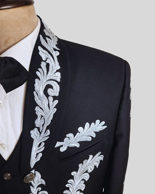 Men Black Mariachi 3 Piece Silver Embroidered Mexican Groom Charro Suits