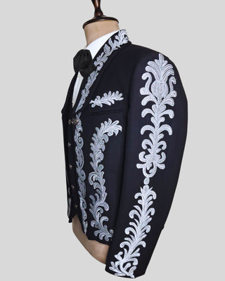Men Black Mariachi 3 Piece Silver Embroidered Mexican Groom Charro Suits