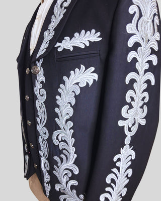 Men Black Mariachi 3 Piece Silver Embroidered Mexican Groom Charro Suits